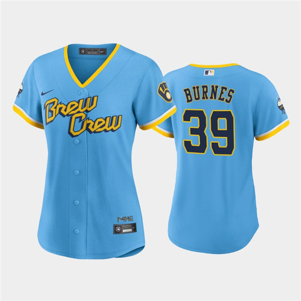 Women's Milwaukee Brewers #39 Corbin Burnes 2022 Powder Blue City Connect Cool Base Stitched Jersey(Run Small)